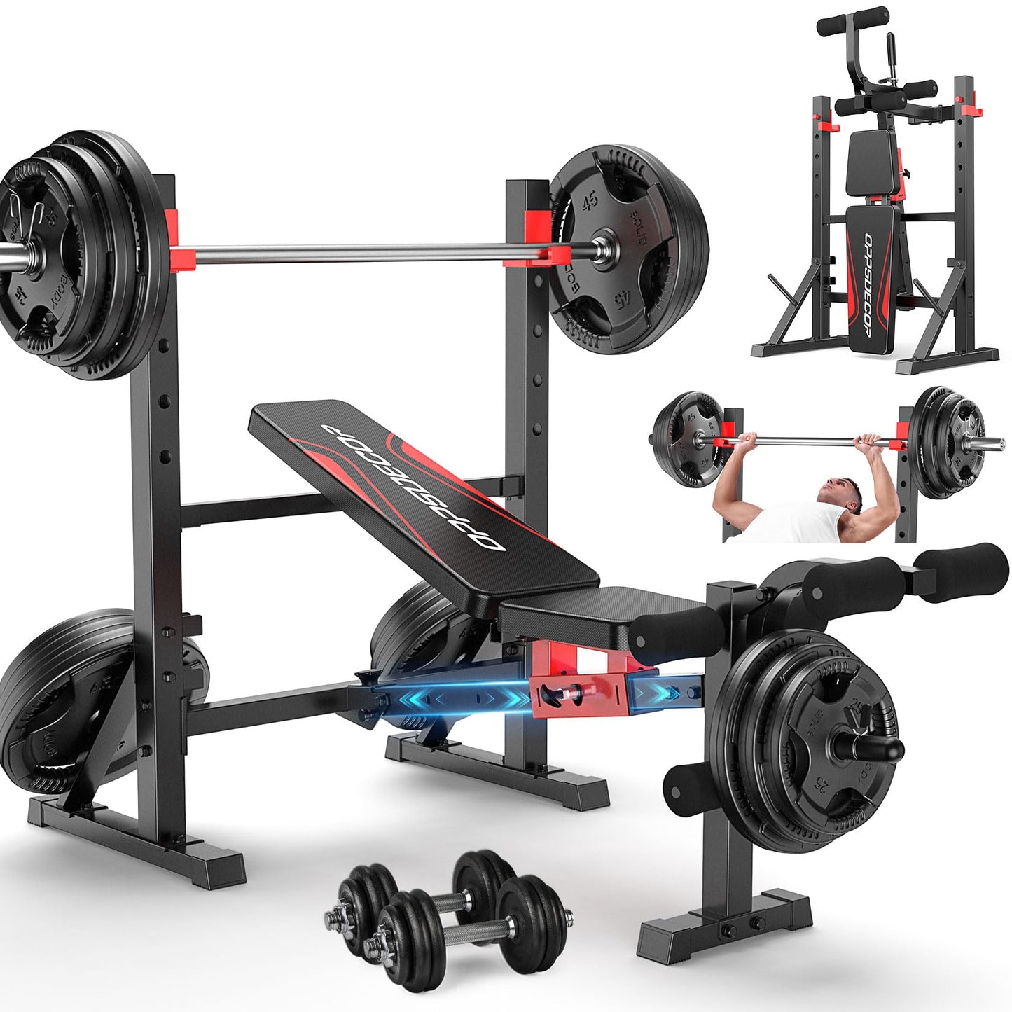 OPPSDECOR 900 LBS Weight Bench Set with Squat Rack, Adjustable Bench Press Set with Leg Extension and Leg Curl, Foldable Flat/Incline/Decline Workout Bench for Home Gym