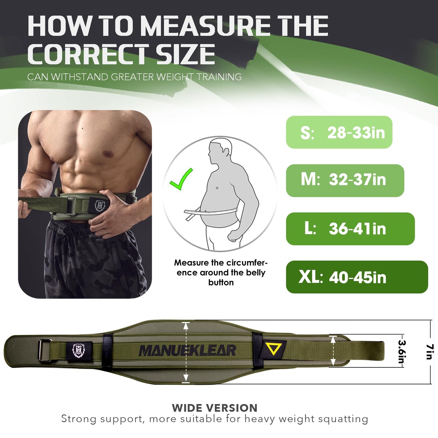 Weight Lifting Belt, Lifting Belts for Women Men,MANUEKLEAR Weightlifting Belt Quick Locking Back Support for Bodybuilding, Fitness, Powerlifting, Cross Training, Squats, Workout, Exercise (Olive Drab, M（32-37inches）)