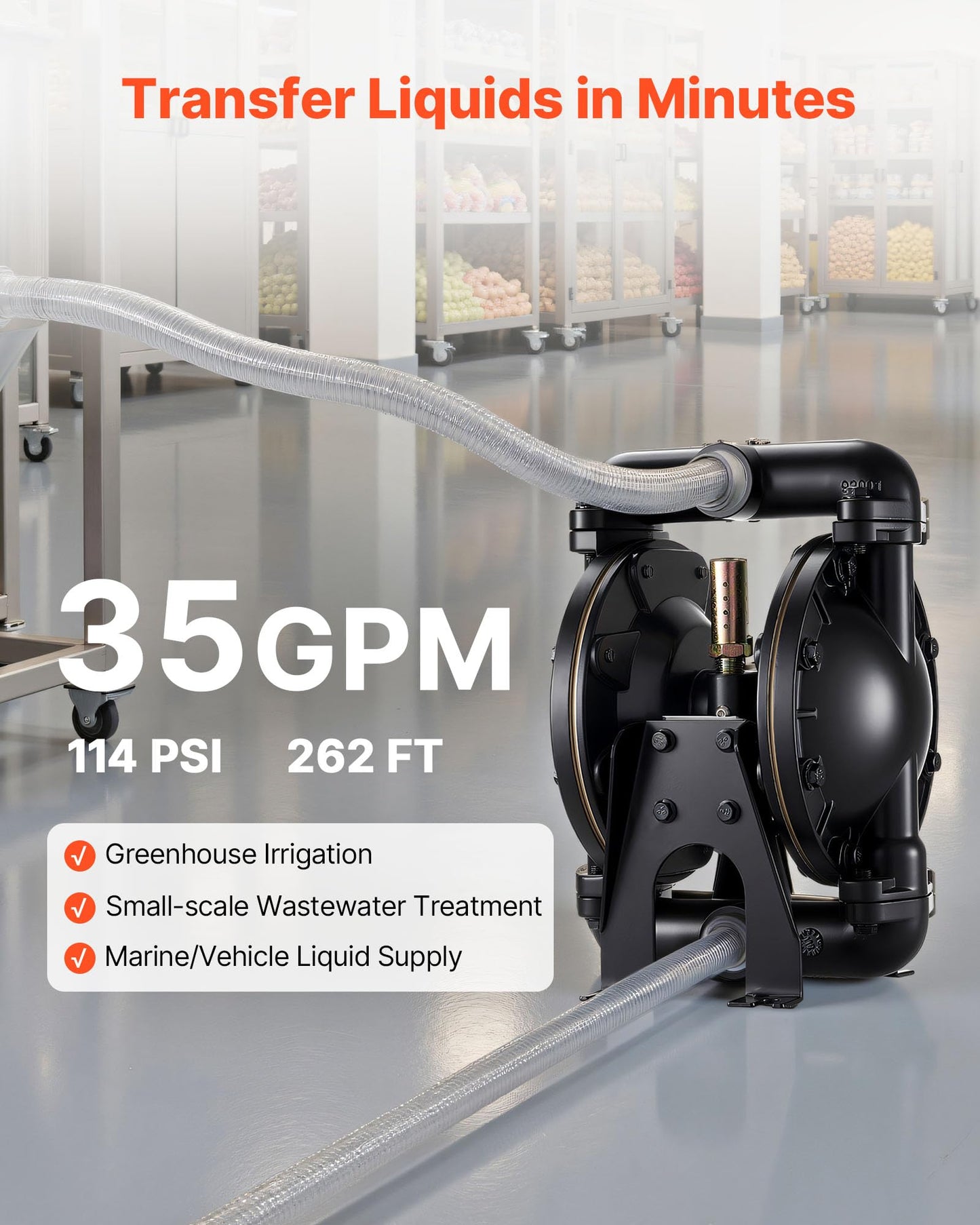 VEVOR Air Operated Double Diaphragm Pump, 35 GPM, 1 inch Inlet & Outlet Pneumatic Waste Oil Transfer Pump, Max 114 PSI, Aluminum Alloy Body, Air-Operated for Diesel, Grease, Kerosene, Gasoline & Oil