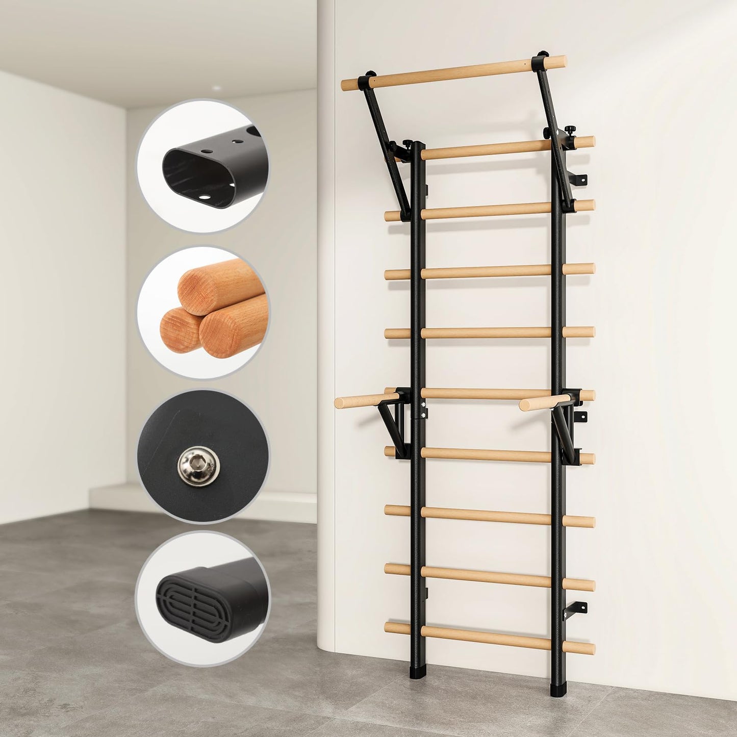DHT Swedish Ladder, Wall Bars, Stall Bar Suspension Trainer with 9 Strategic Rods, for Fitness Home, Gym, School, Clinics and Gymnastics
