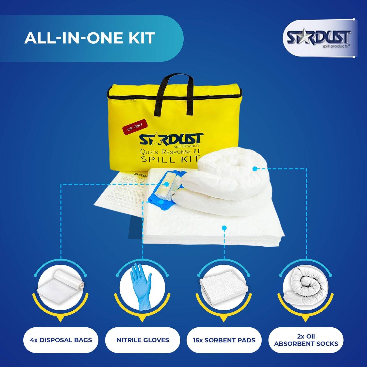 Stardust Spill Products Oil-Only Spill Kit – OSHA Compliant Solution for Vehicles, Industrial, & Restaurant Use, Emergency Response Oil Cleanup, 12-Pack