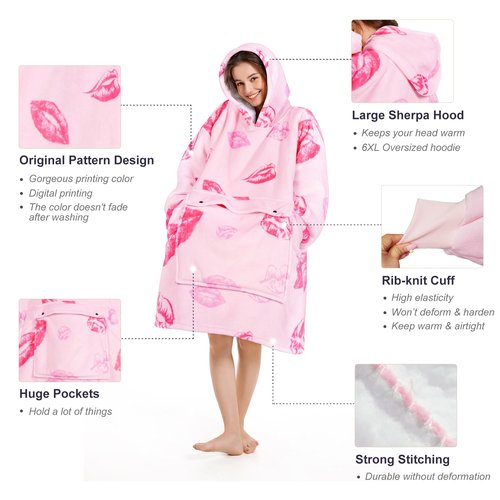 Narecte Oversized Blanket Hoodie Wearable Blanket Sweatshirt for Women Adults Soft Hooded Blanket Warm Oversized Hoodie Blanket Birthday Gifts for Women Christmas Gift for Friends Female Kiss