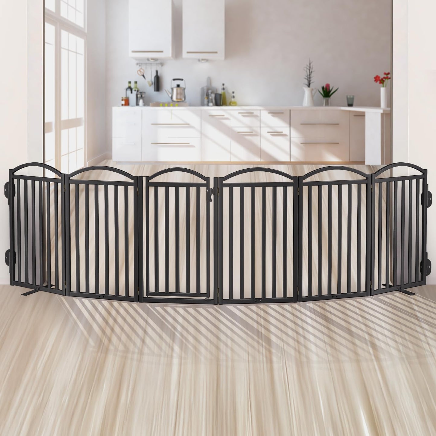 Malier Metal Freestanding Dog Gates with Door, 36'' Height Outdoor Indoor Dog Fences, Extra Wide Foldable Puppy Gate for Stairs (Black, 【6 Panels with Door】 120''W × 36''H)