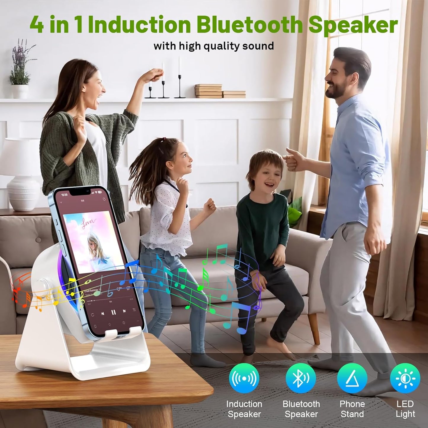 Dohelly 4 1 Light,360 Wireless Induction Audio Bluetooth Speaker, in Phone Stand Speakers Amplifier with Colorful