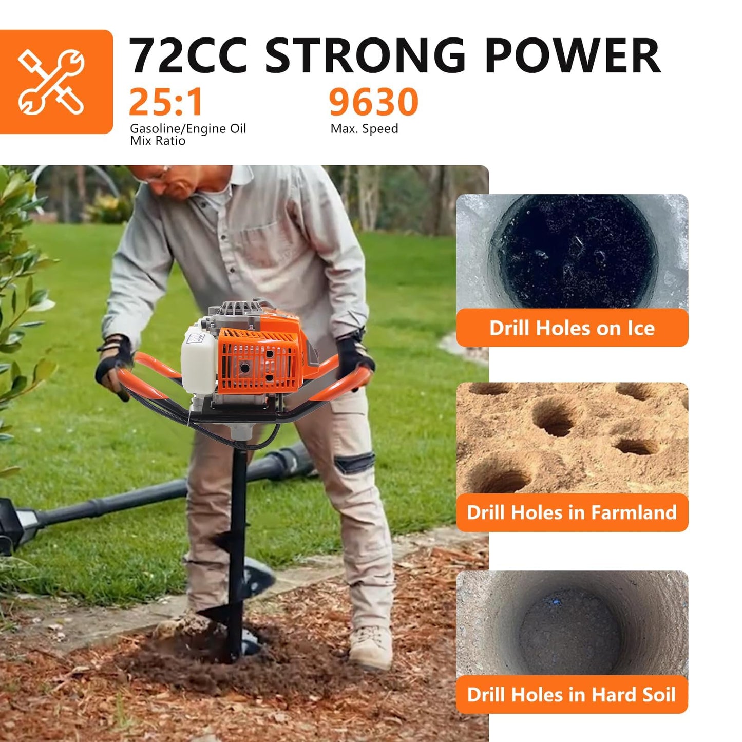 72CC 2-Stroke Gas Powered Post Hole Digger with 6" & 8" Auger Bits + Extension Rod - Heavy-Duty Earth Auger for Farm, Garden, Landscaping (Orange) (72CC + Auger(6" & 8"))