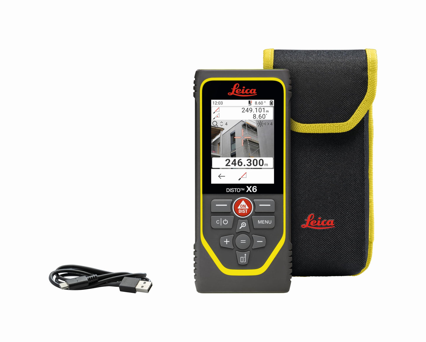 Leica Disto X6 - Range 800ft, Outdoor Camera viewfinder 4X Zoom, Bluetooth, Smart Horizontal, IP65 dust, Water, Shock Protection, Intelligent end-piece, Rotaing Display, Hand Loop, Pouch.