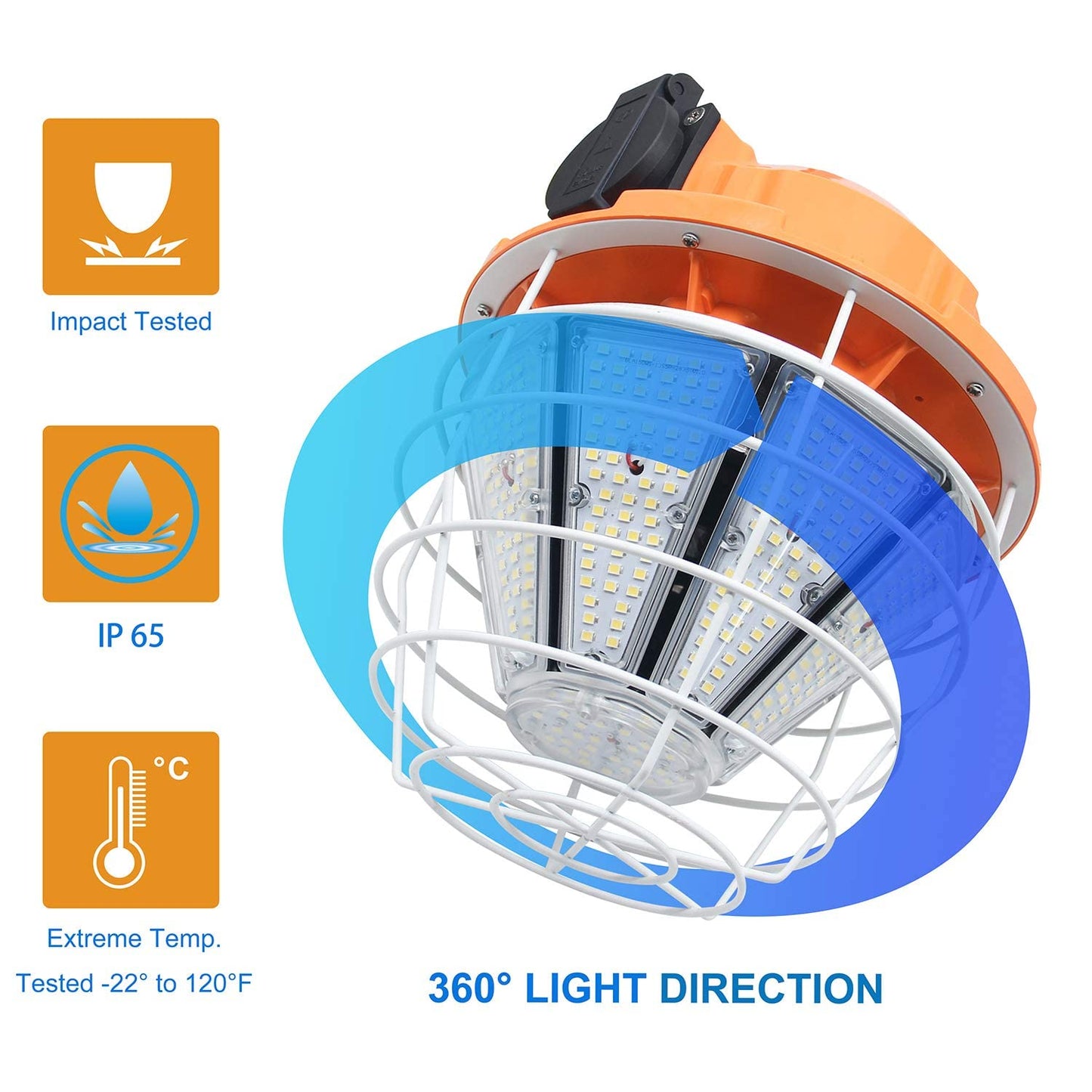 NS 150W LED Temporary Work Light, 24750LM Linkable Daylight White 5,000K Portable Hanging Lamp Jobsite Lighting Stainless Steel Protective Cover for Outdoor Construction High Bay Warehouse