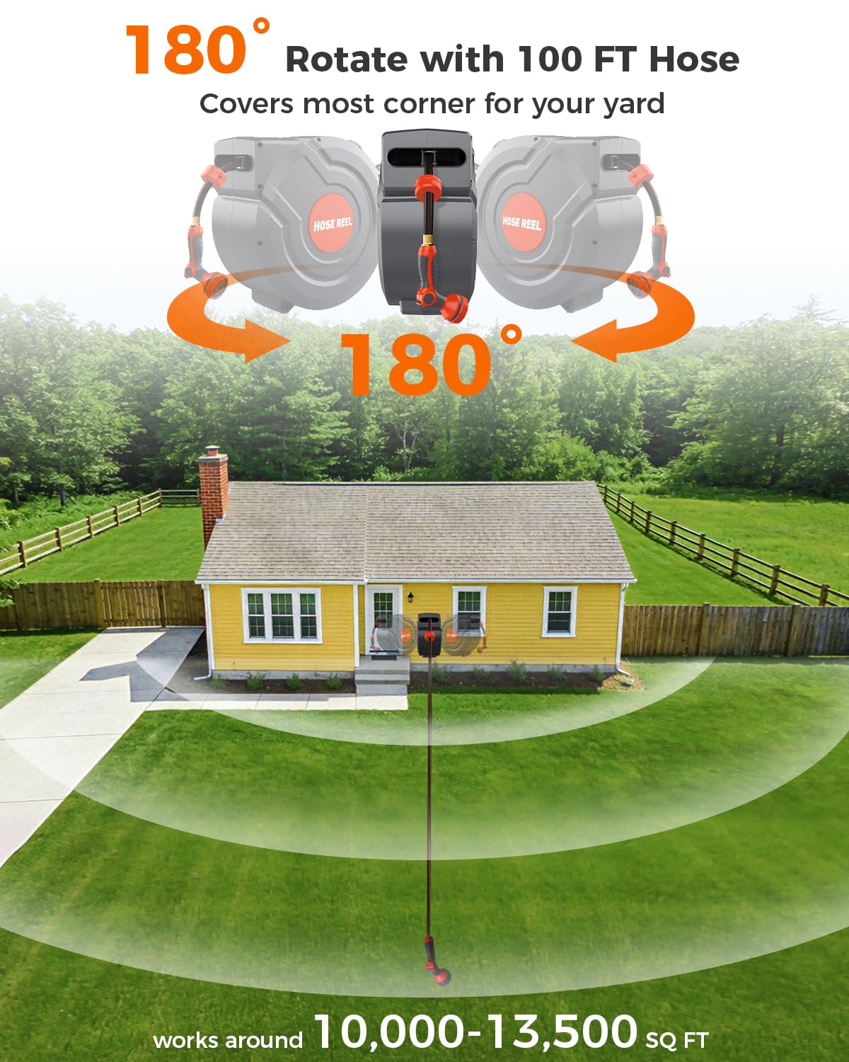Retractable Garden Hose Reel,Wall Mounted 100 ft 5/8 Inch Automatic Return, Any-Length Lock, 9-Pattern Sprayer, 180° Swivel, Durable Water Hose Reel for Yard and Home