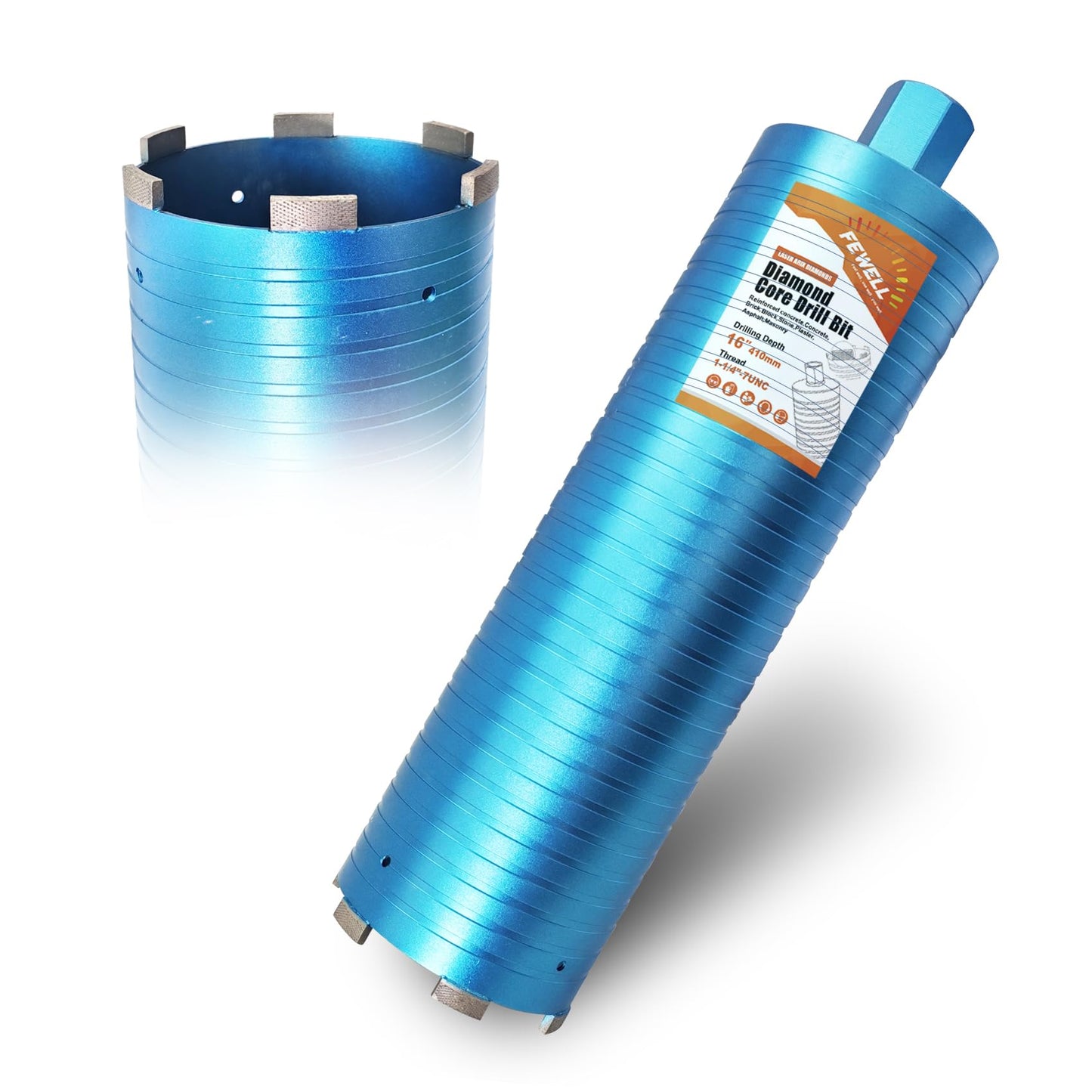 FEWELL 5”Wet Core Drill Bit with Arix Segment, 1-1/4"-7 UNC x 16" Depth, Diamond Core Drill Bit for Reinforced Concrete, Concrete, Asphalt, Brick and Masonry,Laser Welding Technology