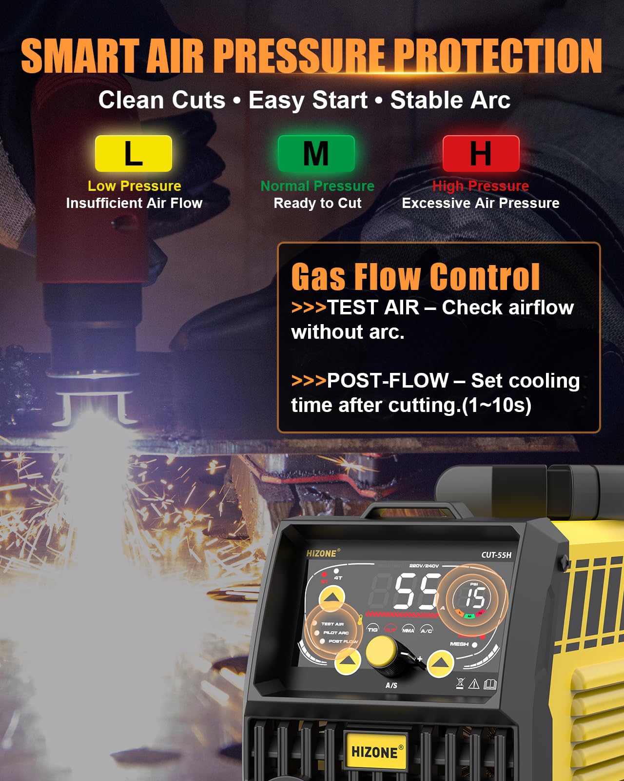 HIZONE 55A Plasma Cutter Machine, High Frequency Non-Touch Pilot Arc Plasma Cutting Equipment with LCD Display, 120/240V Cutting Machine, 2T/4T Function, Post Flow, 3/4" Max Cut, Ideal for Beginners