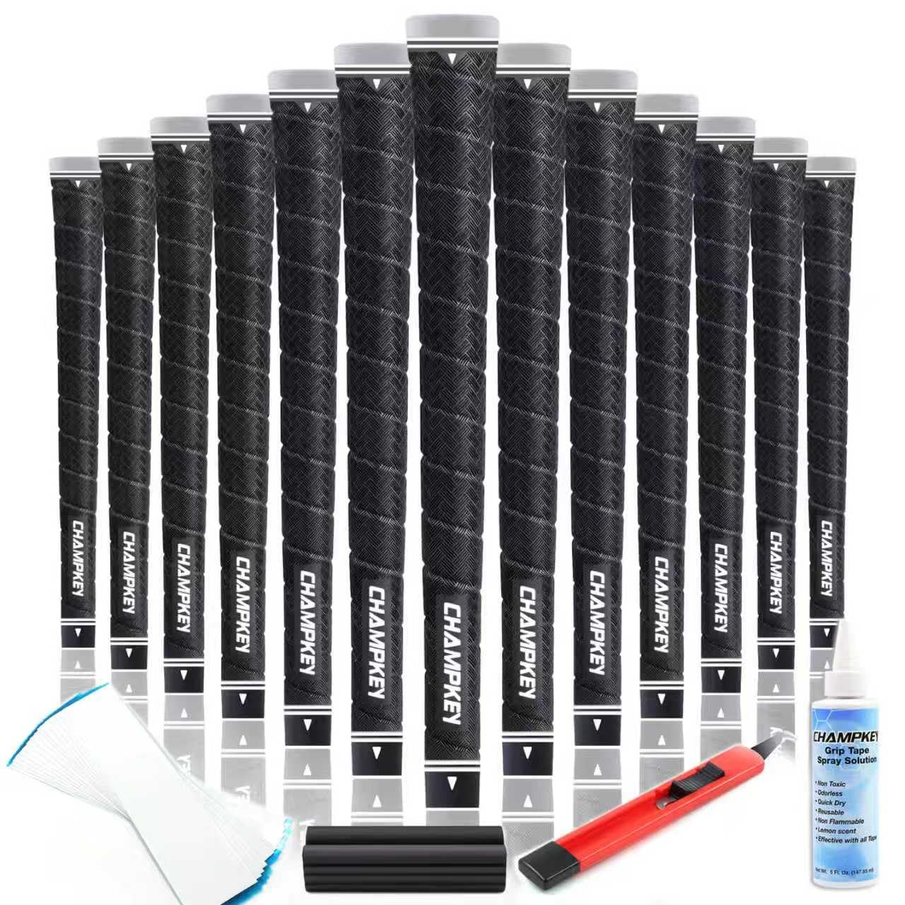 CHAMPKEY X-WEAVE Rubber Golf Grips 13 Pack with Full Repair Kits - Medium Lower Hand Golf Club Grips - Enhanced Grip and Traction Golf Grips for Men and Women(Black,Midsize)