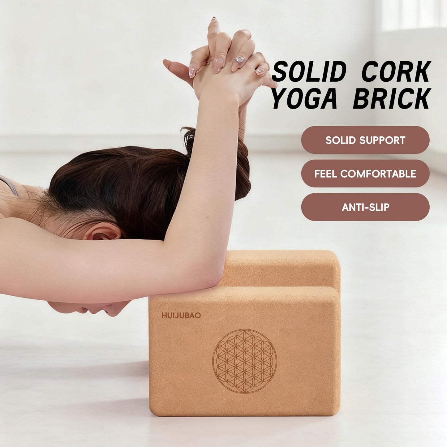 HUIJUBAO Cork Yoga Block, High Density Non-Slip Support Blocks for Balance, Dance, Pilates, Fitness Training (POI56, 9x6x3 in)