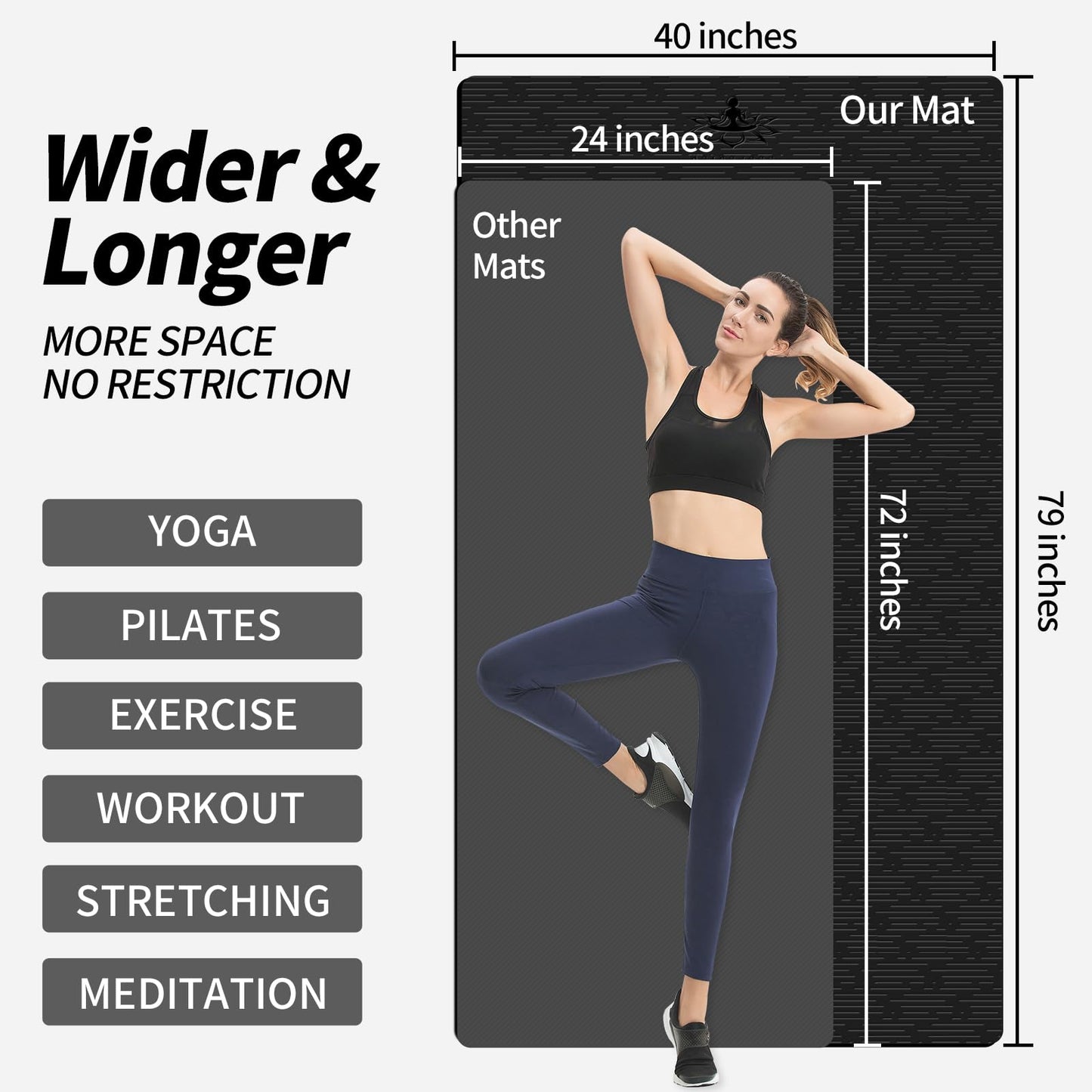Hatha Yoga Extra Long TPE Yoga Mat 79" x 40” x 1/2" Thick Non-slip Exercise Mat for Home Gym Use, Yoga, Pilates, Fitness & Workouts (Black)