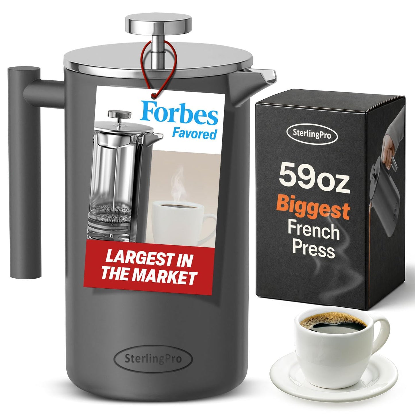 SterlingPro 1.75 L 59 oz Grey Extra Large French Press Coffee Maker and 6 Pack Replacement Screens Bundle Stainless Steel Double Wall Insulated for Tea and Coffee