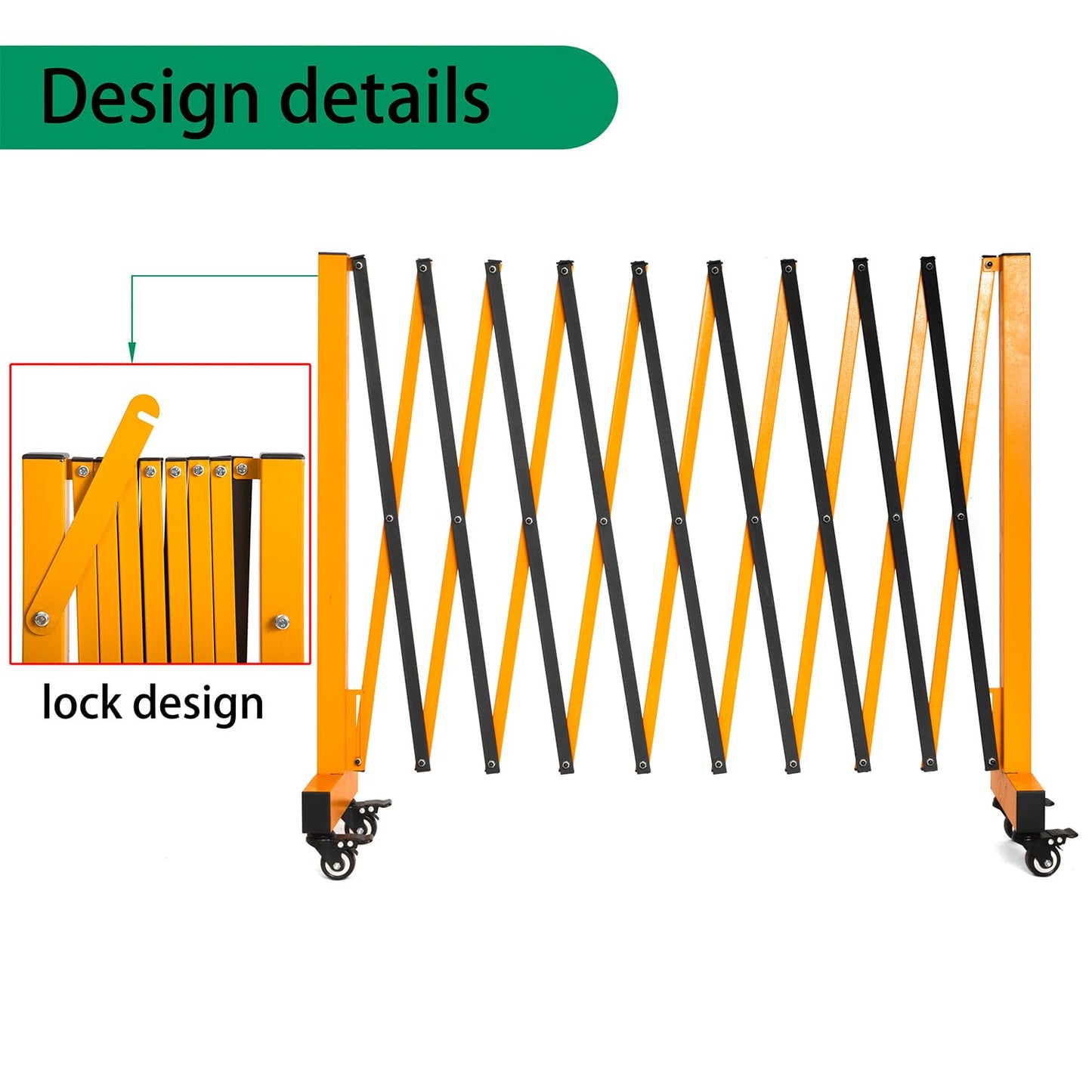 LTSEAME 11.5FT Expandable Barricade Gate, Expandable Metal Barricade Gate Alloy Fence with Wheels, Retractable Crowd Control, for Industrial or Residential Use (Yellow, 11.5FT)