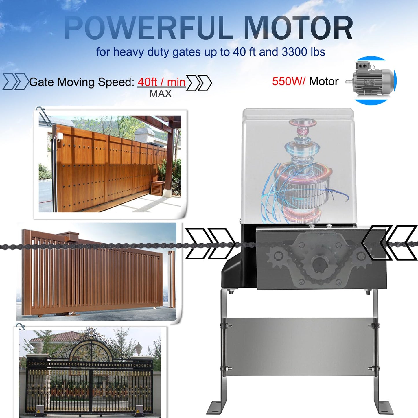 ASGO 3300Lbs Automatic Sliding Gate Opener APP Control Complete Kit, Driveway Slide Gate Operator Motor with Keypad / 6 Remotes / 20ft Chain/Keys/Sensor