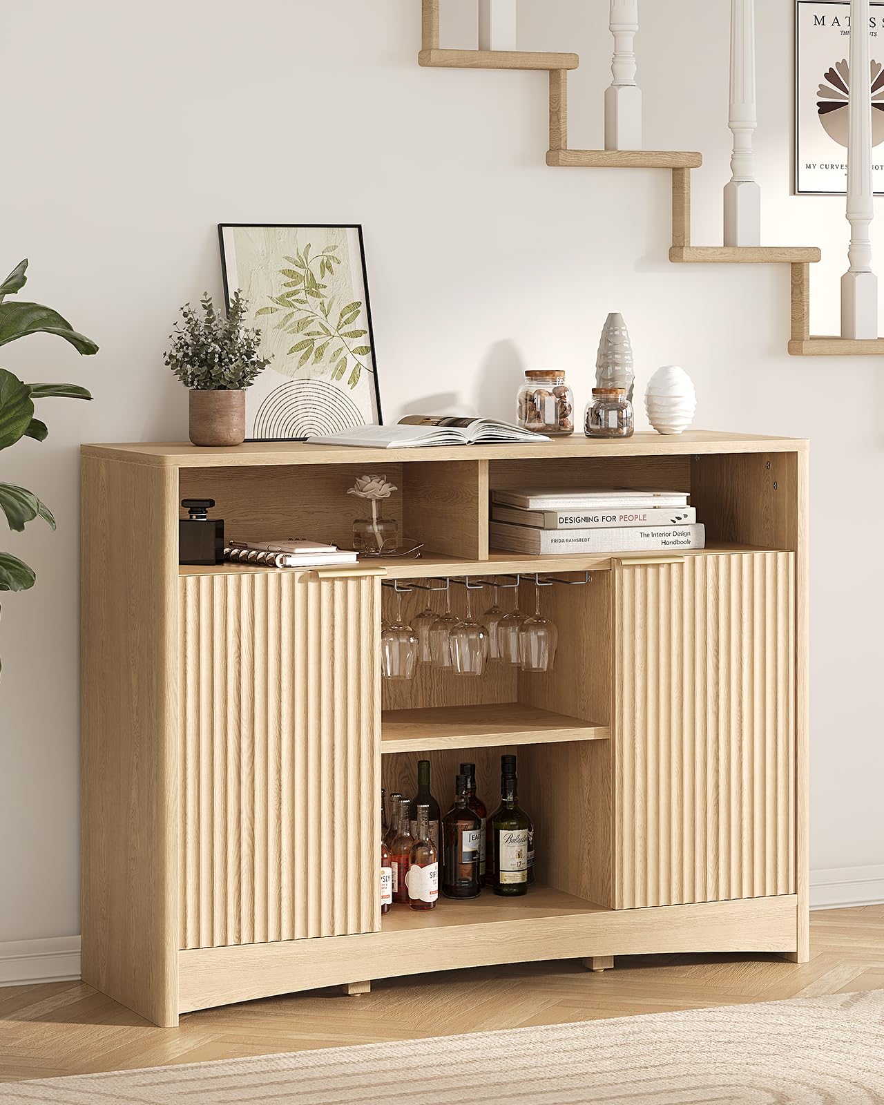 Marsail 47.2" Bar Cabinets with Storage, Modern Buffet Cabinet, Large Sideboard with 2 Fluted Panel Doors, Coffee Bar Cabinet with Adjustable Shelf and Glass Rack for Kitchen, Living Room, Natural Oak
