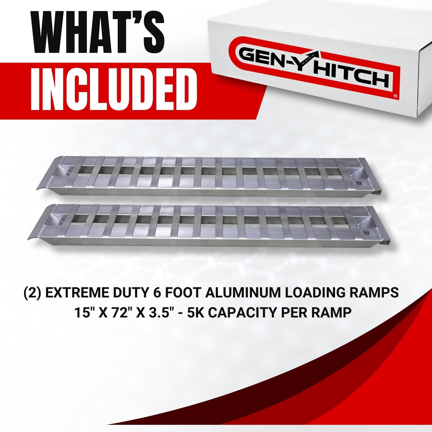 GEN-Y Hitch Extreme Duty Aluminum Loading Ramps - Set of 2, 6 Feet Long x 15 Inches Wide, 10000 LBS Capacity, Hybrid Hook and Plate Ends, Serrated Cross Rungs for Maximum Traction