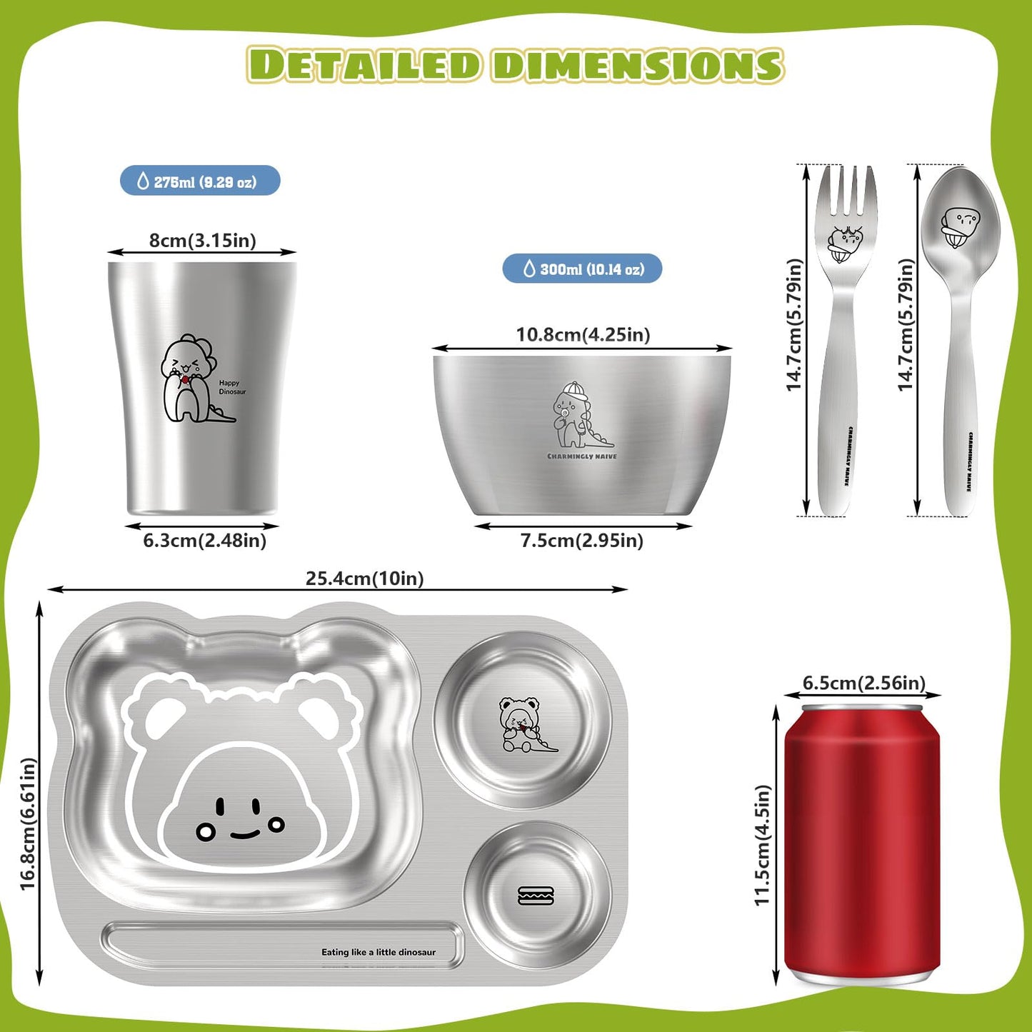 Greentainer Stainless Steel Kids Dinnerware Set, Unbreakable 304 Steel Toddler Plate with 3 Compartments, Baby Led Weaning Bowl, Cup, Fork & Spoon, Dishwasher Safe, BPA Free, Drop Proof for Boy & Girl
