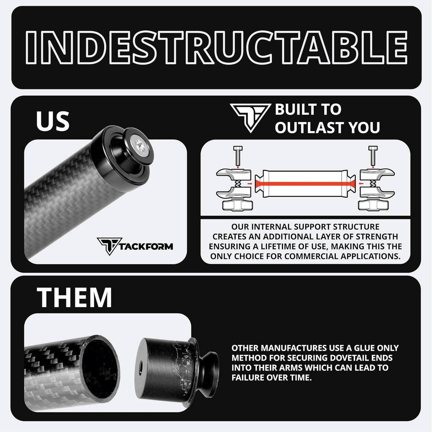 5" 20mm 20 20mm Tackform Long Ball and Socket Arm DuraLock Series Carbon Fiber Arm | Dual Sockets with Optional