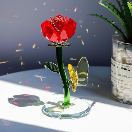 LONGWIN Crystal Red Rose Flower Figurine - Elegant Glass Spring Bouquet Home Decor Gift for Her