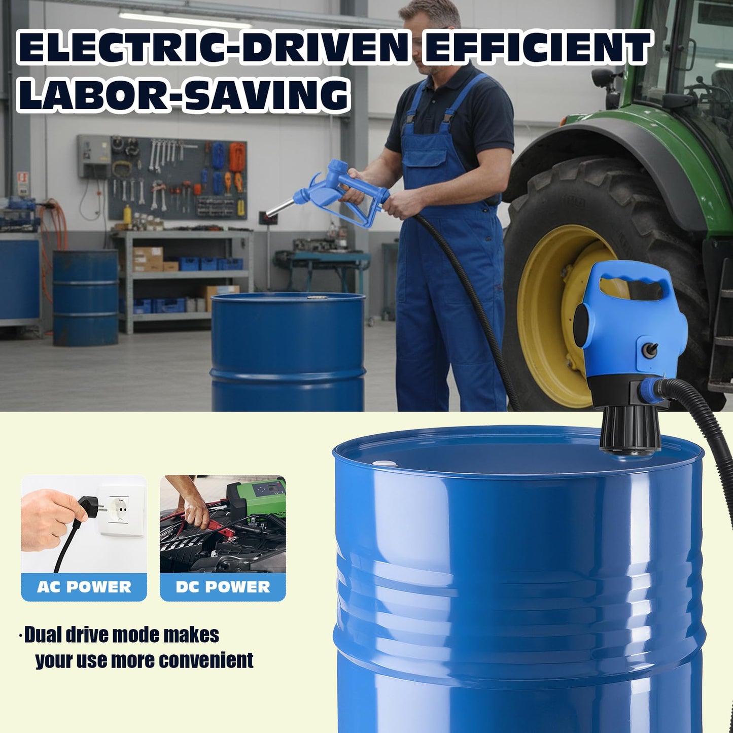 Electric Drum Pump, 55 Gallon AC/DC Drum Transfer Pump with Adjustable Suction Tube, Portable Electric Barrel Transfer System for Oil, Diesel, DEF, Water, Automotive & Industrial Use