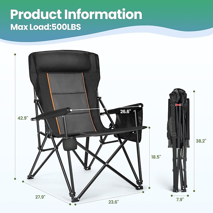 HIGH POINT SPORTS Oversized Folding Camping Chairs for Adults, High Backrest Heavy Duty Lawn Chairs Support 500 LBS Portable Collapsible Camp Chairs with Cup Holders,Side Pocket, 2 Pack, Black