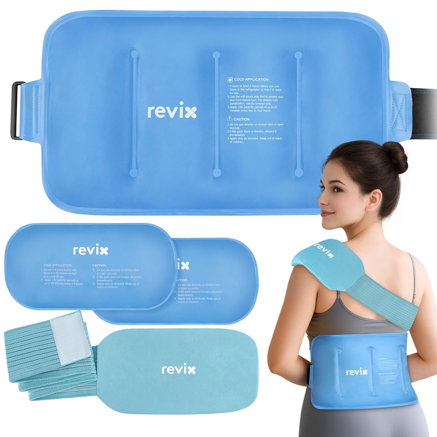 REVIX Ice Packs for Injuries Combo – 2 Packs of 10"x5" Hot Cold Gel Packs Reusable & 16"x9" Large Back Ice Pack, Flexible for Knees, Back, Shoulders, Arms and Legs, Care Package for Women and Men