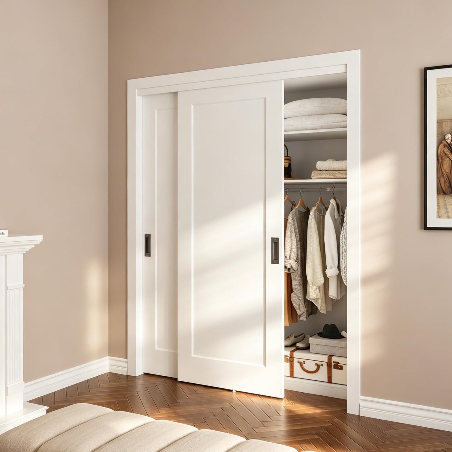 BARNSMITH 60x80 in 1-Panel Sliding Closet Door, White Primed Bypass Interior Door with Top Track & Floor Guide, Preassembled Door Slab with Paintable Surface