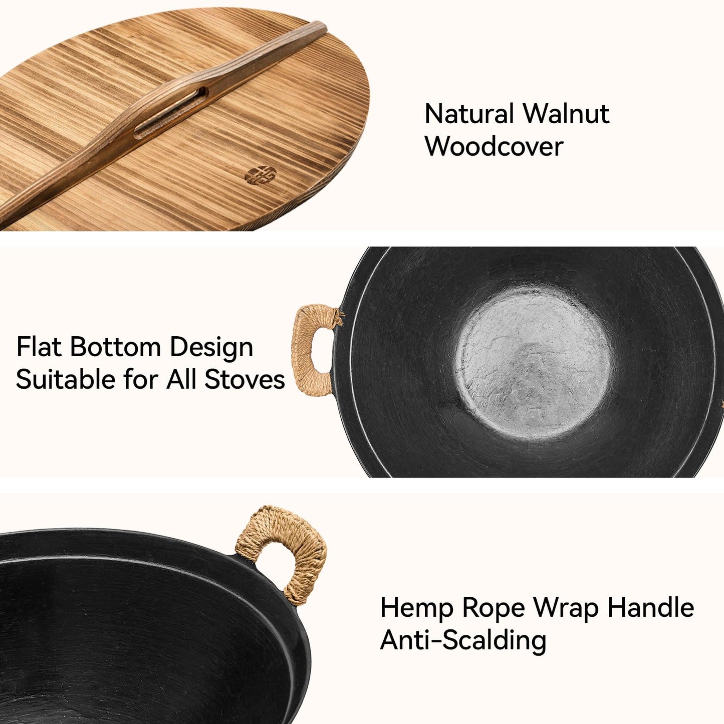WANGYUANJI Cast Iron Wok Pan 14.9 inch Large SUGUO Wok Stir Fry Pan Flat Bottom with Dual Handle and Wooden Lid, Suitable for All Cooktops, Uncoated Chinese Traditional Wok