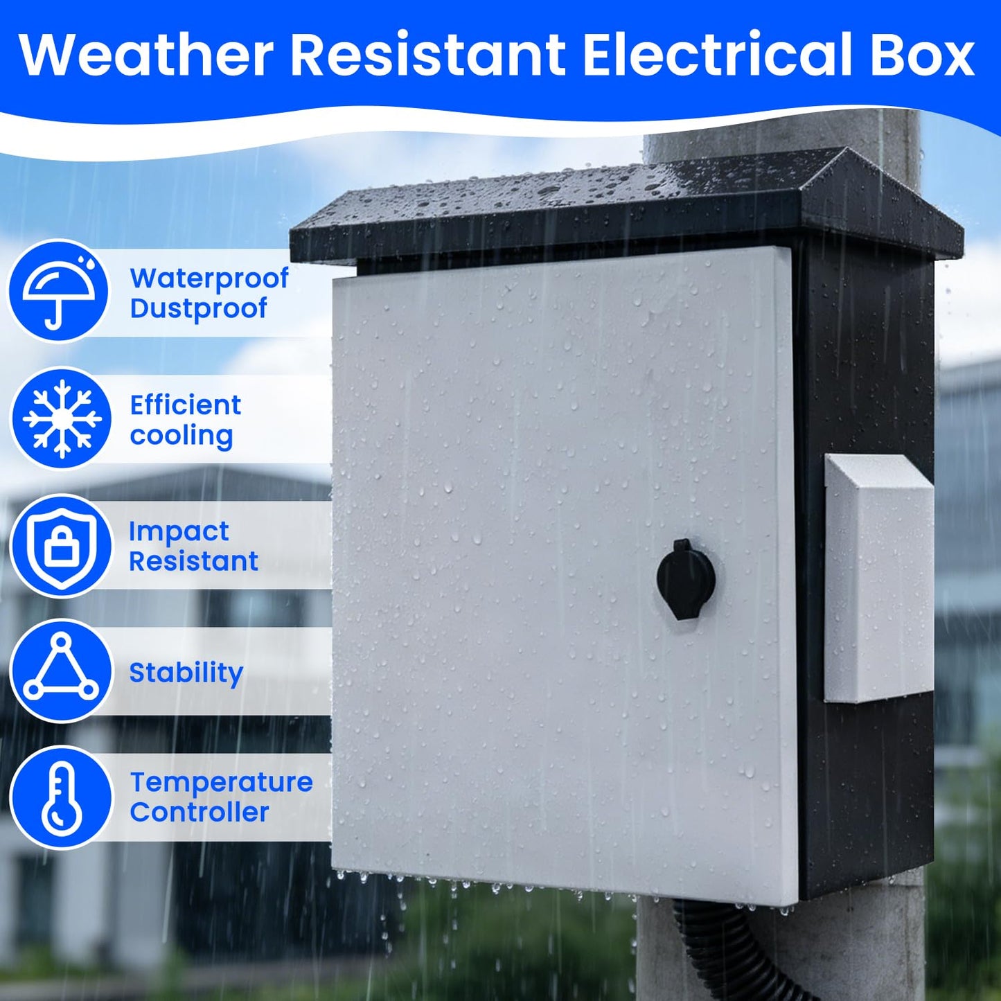 POOAMY Lockable Electrical Enclosure Box, 15.7"x11.8"x7.9", IP65 Waterproof Metal Junction Box with Thermostat and Cooling Fan, Outdoor Electrical Box with Internal Mounting Plate, Grey & White