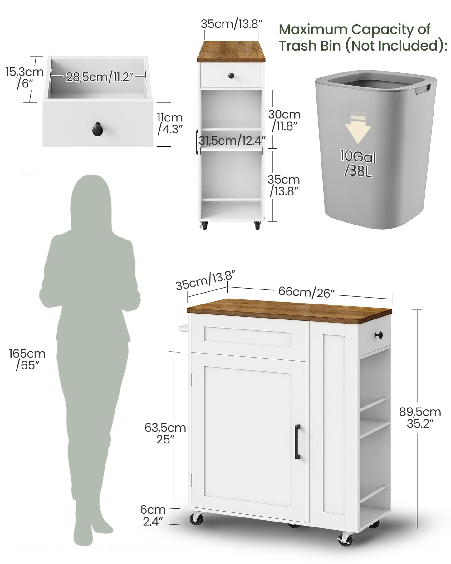 CHOEZON Kitchen Island Cart with Storage, Kitchen Cabinet, Mobile Kitchen Island, Storage Trolley for Kitchen with Hidden Trash Bin Cabinet, for Dining Room, White and Walnut MZD06WL