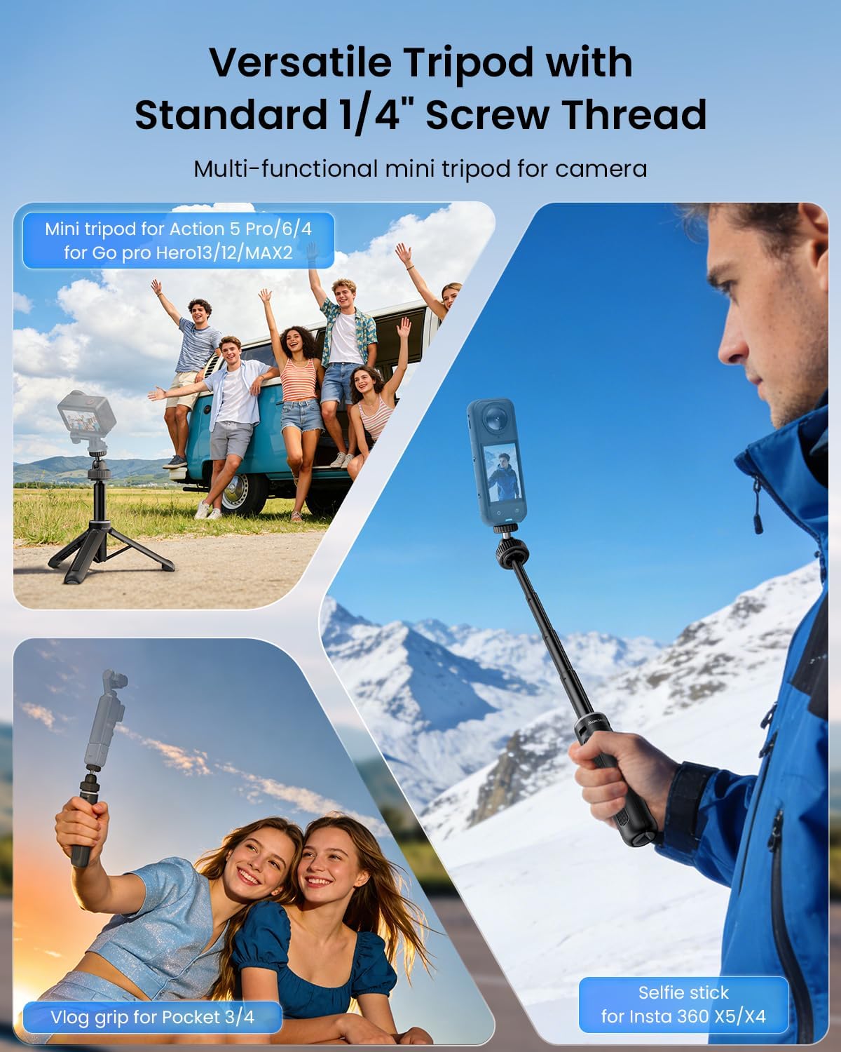 Maectech 15.8"/40cm 1/4" Insta360 X5/X4 13/12/MAX2 3/4 5Pro/6/4 Selfie Stick Tripod Extendable Mini Camera Tripod