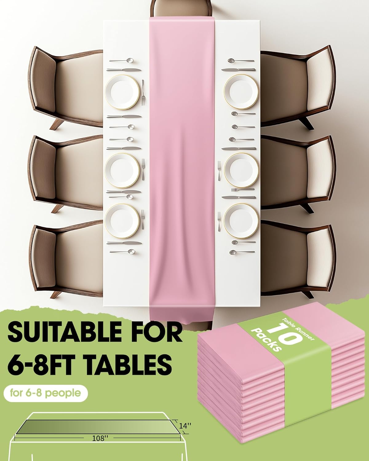 Pureegg Disposable Table Set - 10 Pack White & Pink Tablecloths (54''x108'') & Runners (14''x108'') - Leakproof & Stain-Resistant for Events