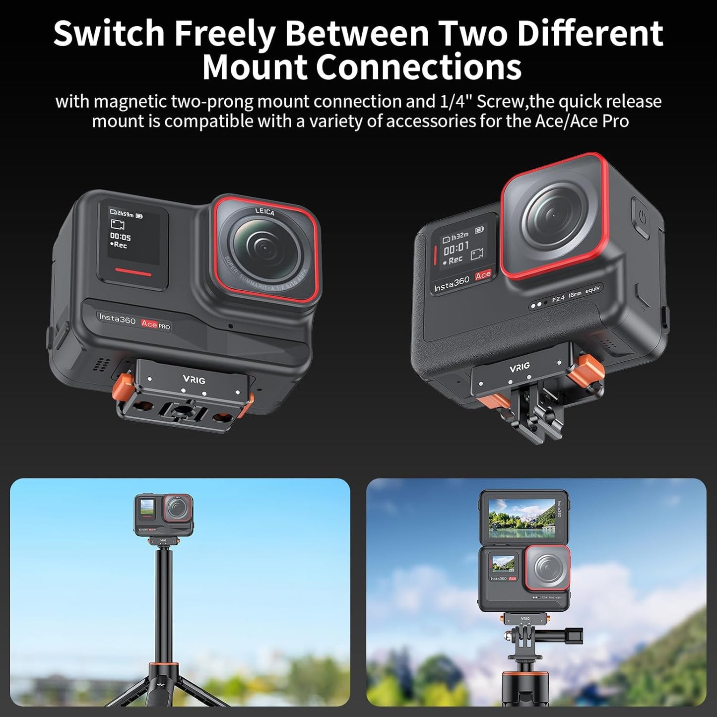 VRIG Express Insta360 X5/X4 PRO2, 1/4" Insta360 X4/X3/ONE 360 X2 VRIG Magnetic Quick Release Mount for Air/ACE/ACE