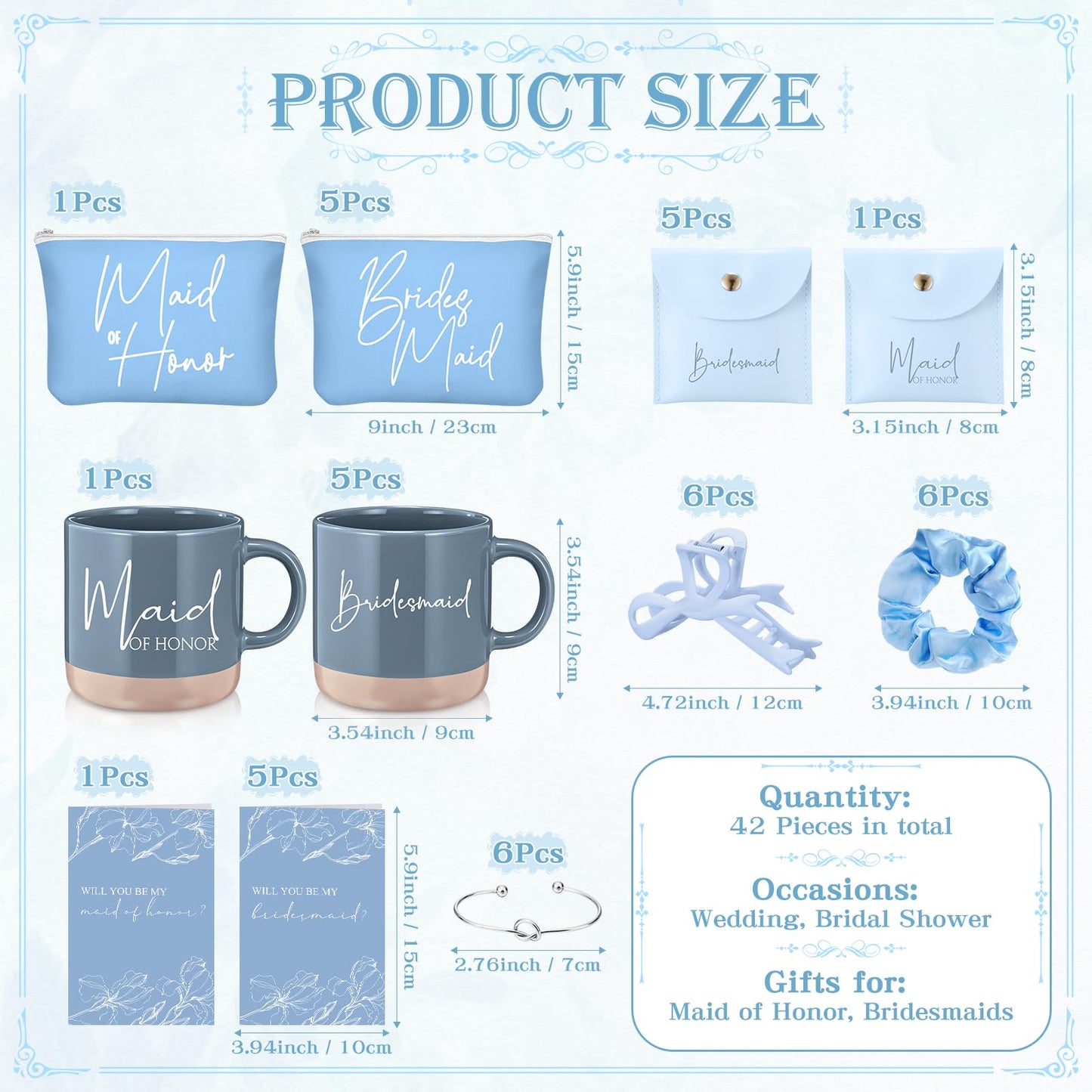 Didaey 42 Pcs 6 Sets Bridesmaid Proposal Gifts, Wedding Favors for Bridesmaids & Maid of Honor Ceramic Coffee Mugs Makeup Bags Invited Cards Scrunchies Bracelets Jewelry Bags Hair Clips(Blue)
