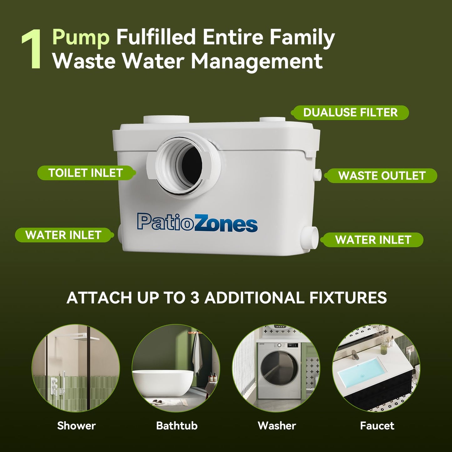 36ft HIGH POWER Macerating Toilet System, Upflush Toilet with Macerator Pump, Copper Motor Pump with 4 Inlets for Basement/Kitchen/Sink/Shower, Two-Piece Elongated Tall Toilet