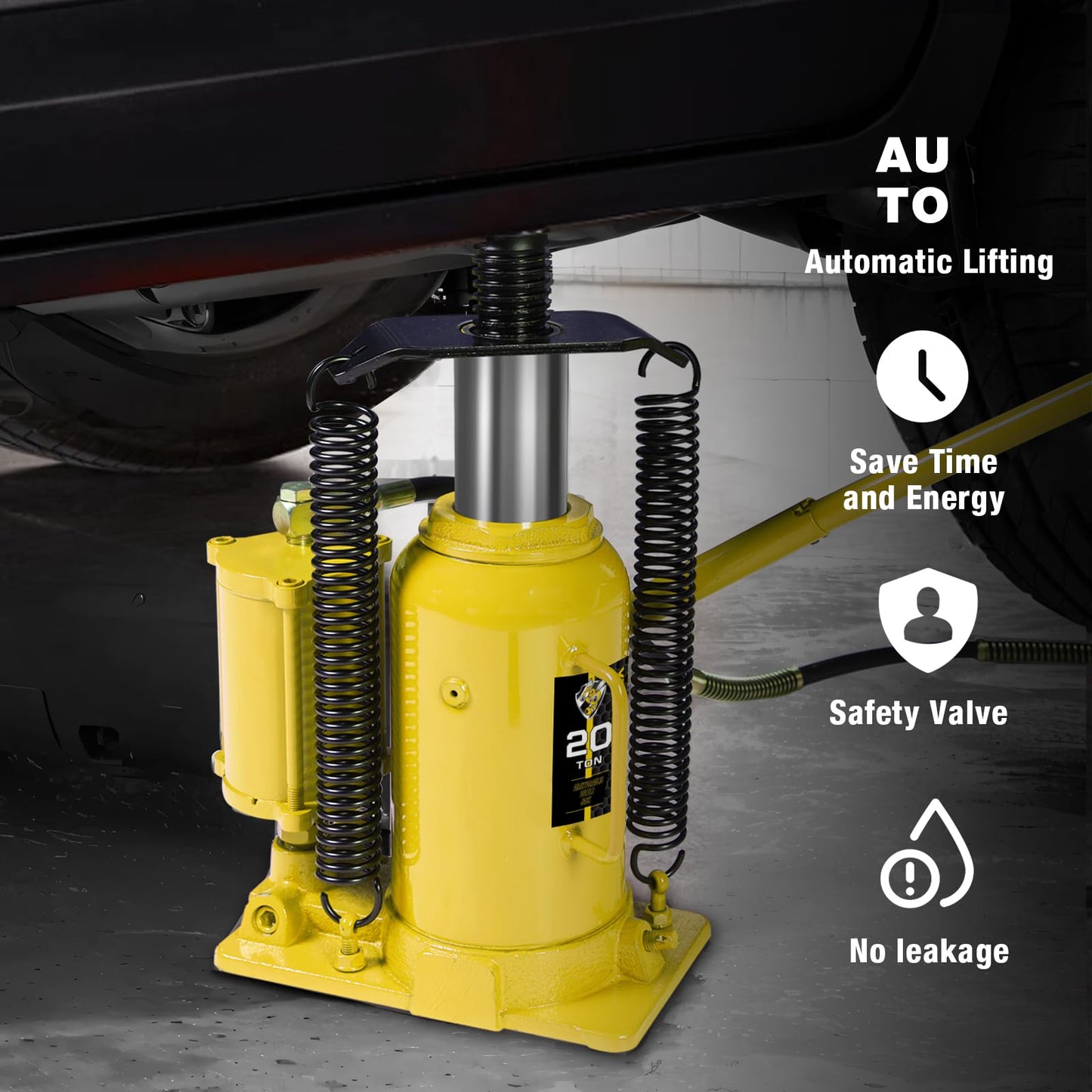 YELLOW JACKET 20 Ton Pneumatic Bottle Jack – Heavy-Duty Air/Hydraulic Lift for Trucks & Autos, Manual & Air Pump Operation, Yellow