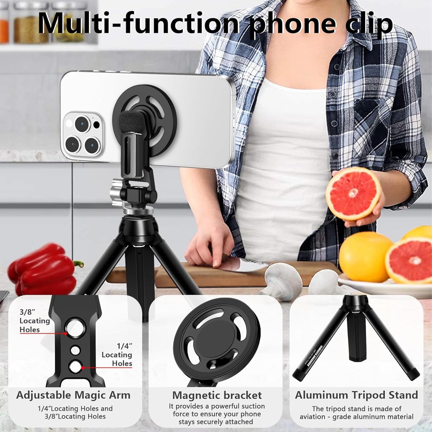 CAMEDAFLX Aluminum Magnetic Stand Mount with Cold Shoe Mount for iPhone,Adjustable Rotable Cellphone Tripod Stand