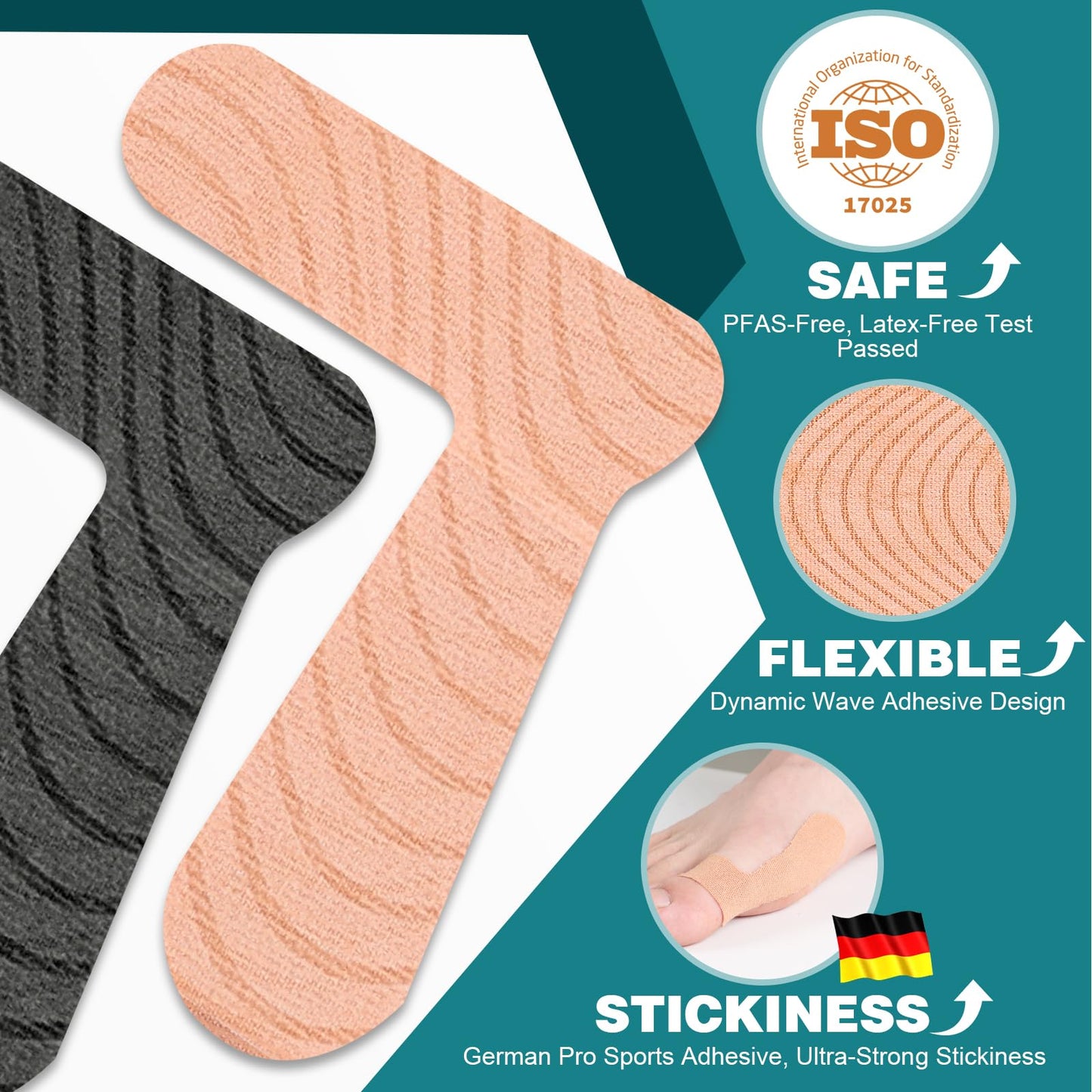 TEAWOO 40 Count Bunion Kinesiology Tape, Pre-Cut Waterproof Bunion Tape for Bunion Pain Relief, Breathable Hypoallergenic Latex-Free Tape for Toe & Foot Support, Black & Beige