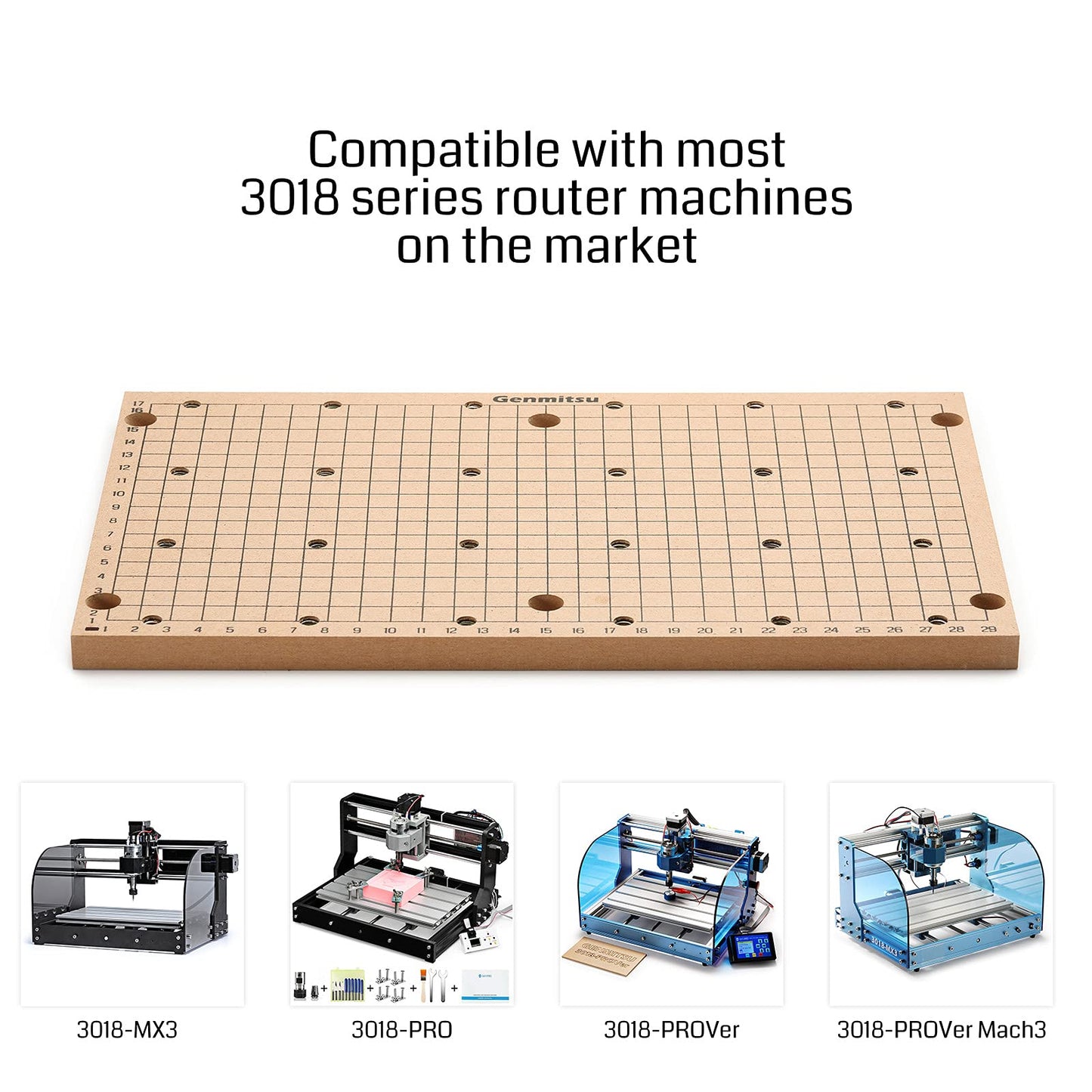 Genmitsu 3018-PROVer V2 CNC Milling Machine, Desktop CNC for Beginner + CNC MDF GRID Spoilboard 300 x 180 x 12mm (11-4/5''x 7''x 1/2''), M6 Holes (6mm), Screws and Nuts Included