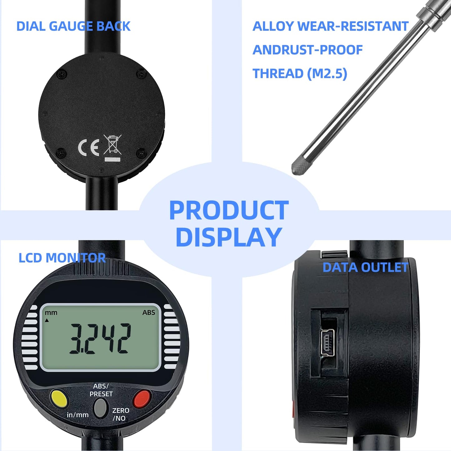 Digital Dial Gauge,with A Range of 50.8mm/2 in,Dlectrical Digital Indicator Graduation of 0.001mm,Metric and Imperial Measure Tool.Electronic Dial Gauge for Bearing Measurement and CNC Machine