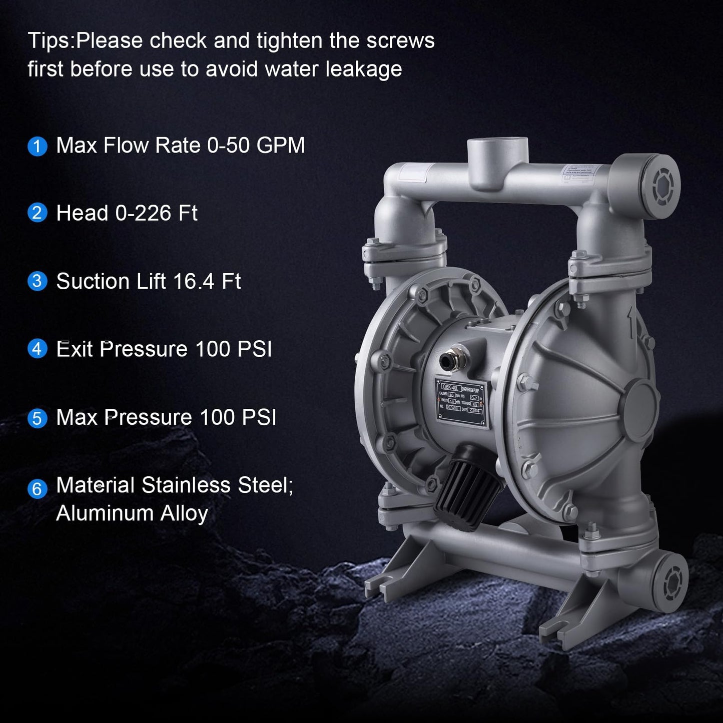 Double Diaphragm Pump Air Operated 1-1/2 inch Inlet/Outlet Pneumatic Waste Oil Transfer Pump for Chemical QBK-40 50 GPM Dual Diaphram Polypropylene Nitrile Rubber by Stainless Steel Iron 100 PSI