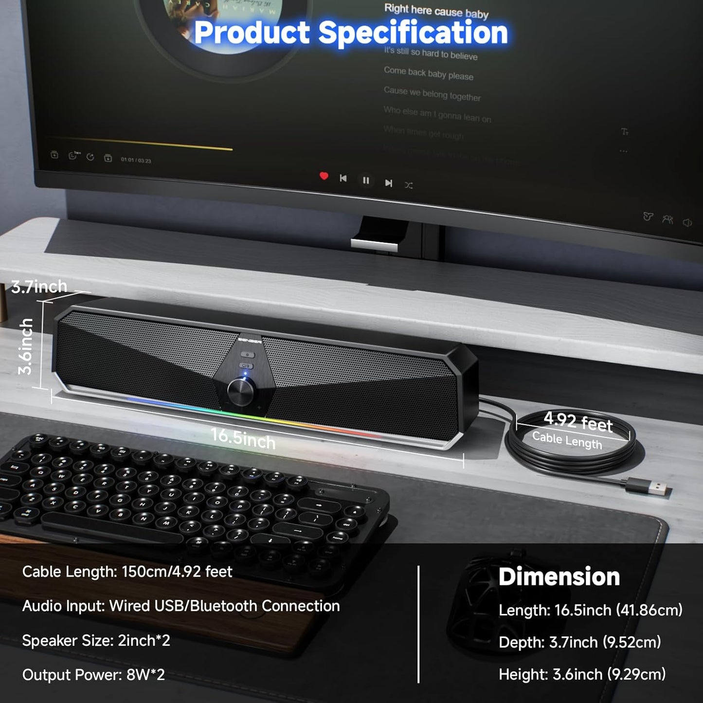 SENZER CS30 Bluetooth Computer Speakers for Desktop, USB Plug & Play PC Speakers with Dynamic LED Light, Stereo Sound