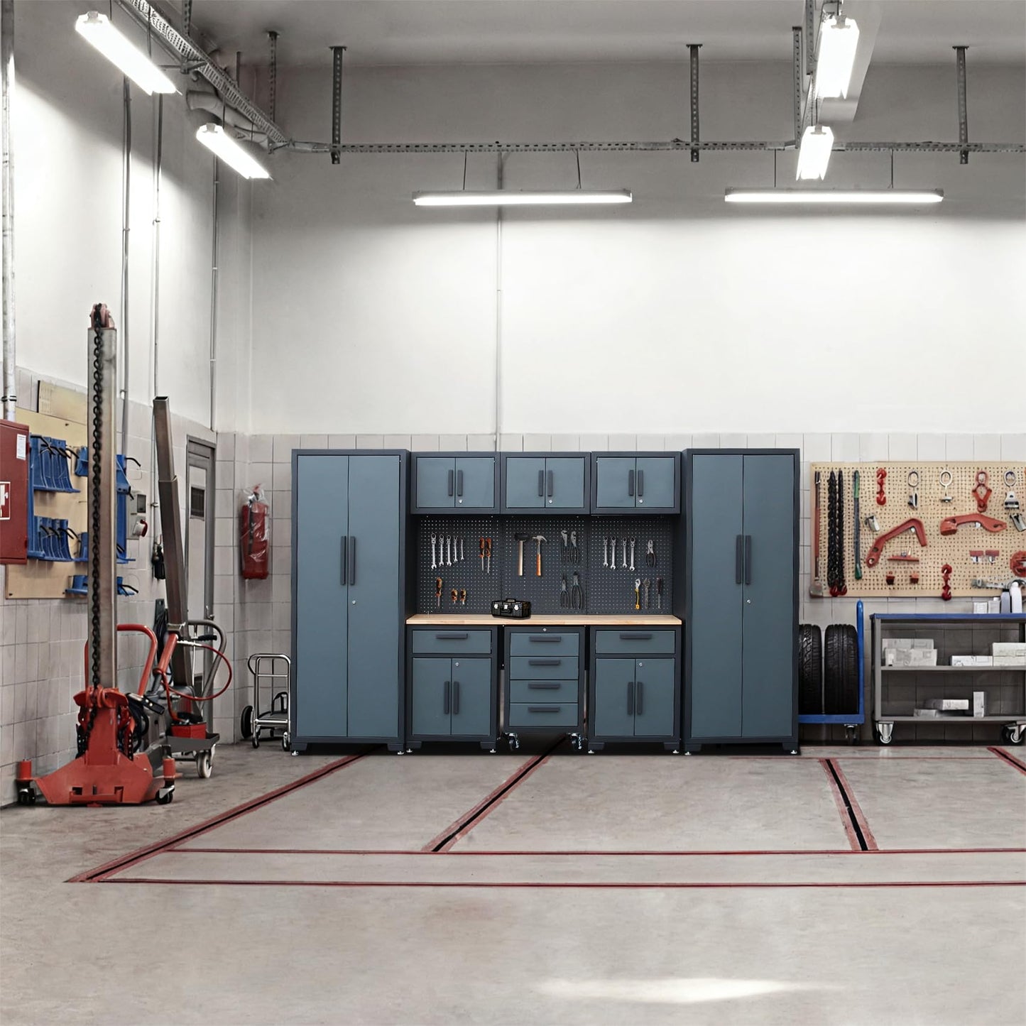 HPDMC Garage Storage Cabinet System 9-Pcs Workshop Set Garage Cabinets and Storage System with Steel Drawers, Rolling Chest, Workbench, Pegboard for Tool Organization