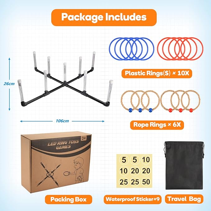Outdoor Games for Game Night: FunforFun! Upgraded 30-Inch LED Ring Toss Game with 26 Rings Yard Games for Adults Kids Easter Gifts Outdoors Toys for Beach Lawn for Party Ideal