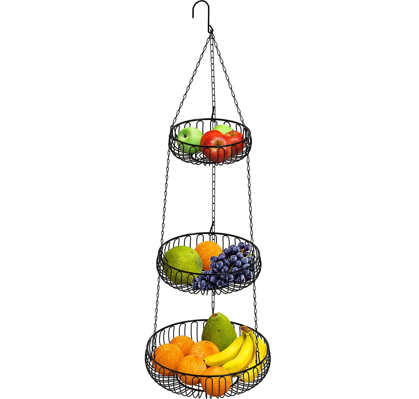 Simple Houseware Adjustable Metal Hanging Fruit Basket, Oblate, Black, 11" W x 11" L x 30" H