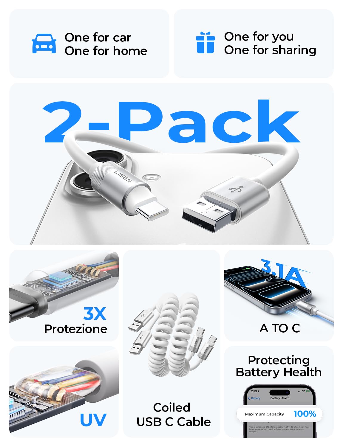 2 Pack 17/16/15, S25/S24/S23 A15/A14, 9/8, 4FT LISEN Coiled USB C Cable, for Android Auto & CarPlay Cable, Short USB A