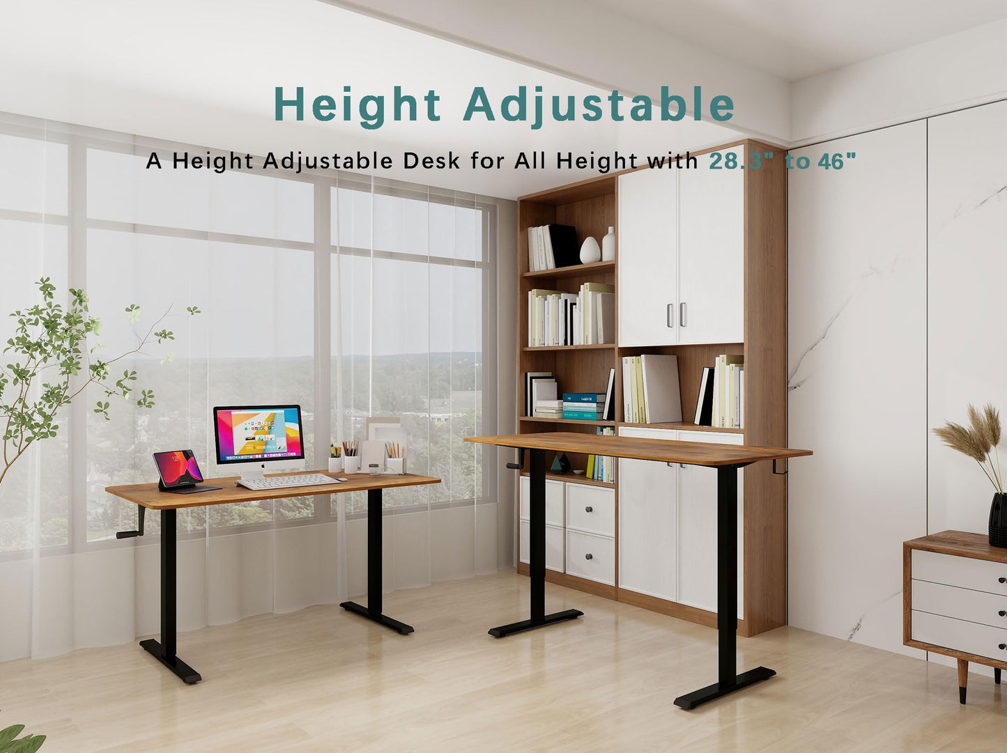 Whole Piece Manual Standing Desk Adjustable Height with Lockable Casters- Hand Crank Stand up Desk with Wheels, Mobile Sit to Stand Workstation with Handle