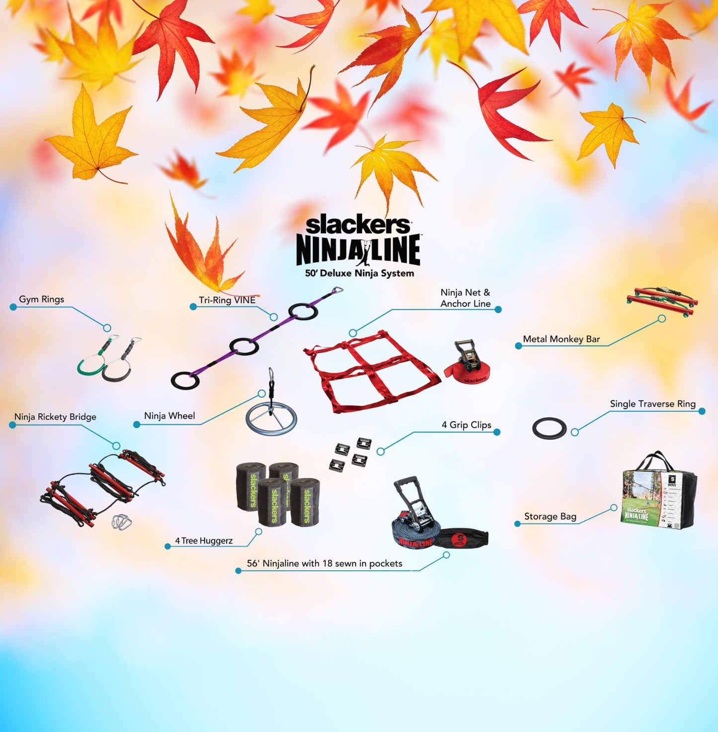 Slackers Deluxe Ninjaline Kit 56 ft with 9 Hanging Obstacles - Best Outdoor Ninja Warrior Training Equipment for Kids - Build Your Very Own Backyard Ninja Obstacle Course - Rated Ages 5+